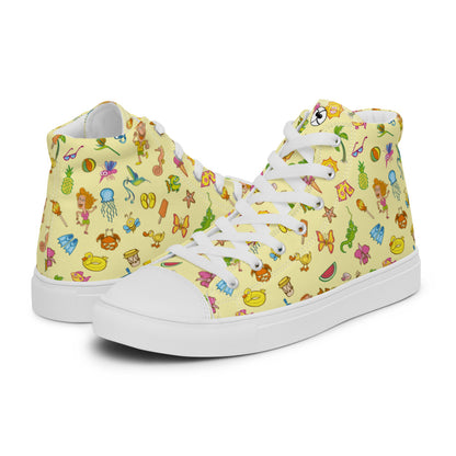 Enjoy happy summer pattern design Men’s high top canvas shoes. Overview