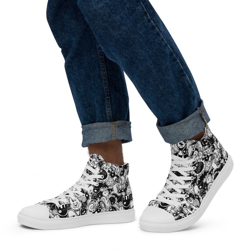 Joyful crowd of black and white doodle creatures Men’s high top canvas shoes. Lifestyle