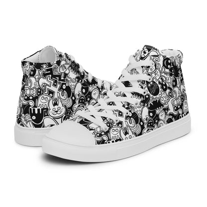 Joyful crowd of black and white doodle creatures Men’s high top canvas shoes. Overview