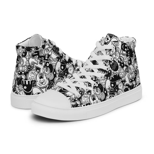 Joyful crowd of black and white doodle creatures Men’s high top canvas shoes. Overview