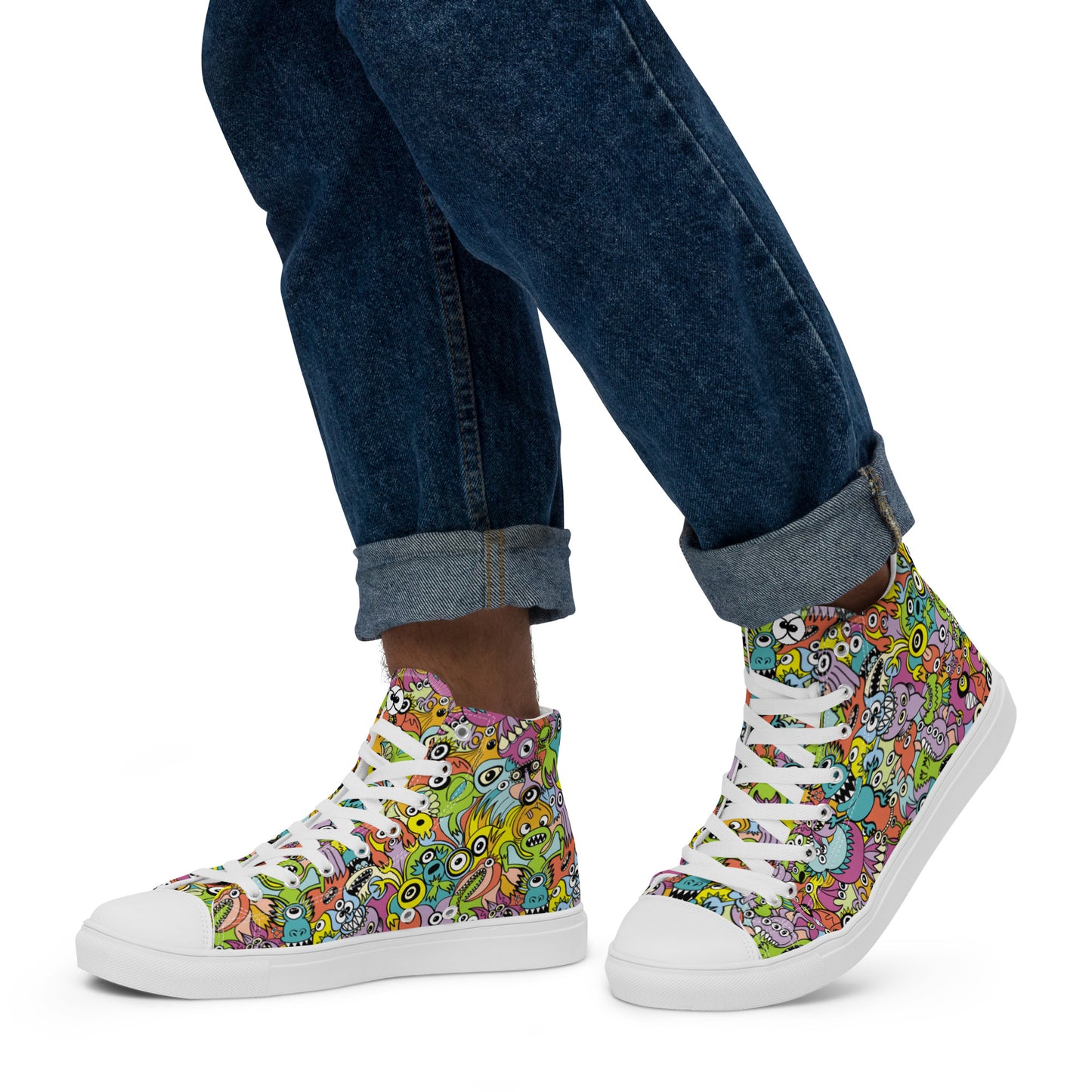 Funny monsters fighting for the best spot for a pattern design Men’s high top canvas shoes. Lifestyle