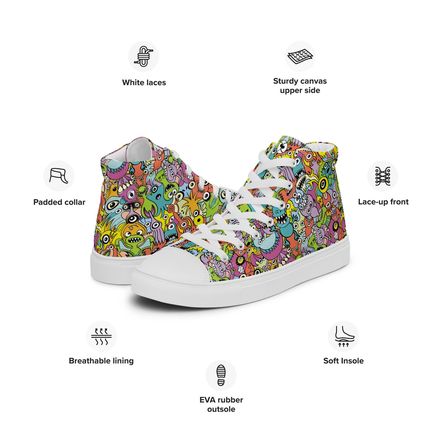 Funny monsters fighting for the best spot for a pattern design Men’s high top canvas shoes. Product specifications