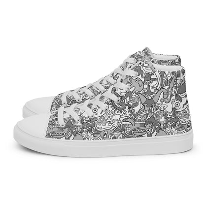 Awesome doodle creatures in a variety of tones of gray Men’s high top canvas shoes. Side view