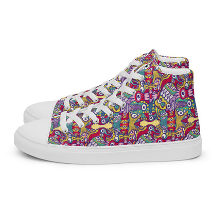 Exquisite corpse of doodles in a pattern design Men’s high top canvas shoes. Side view