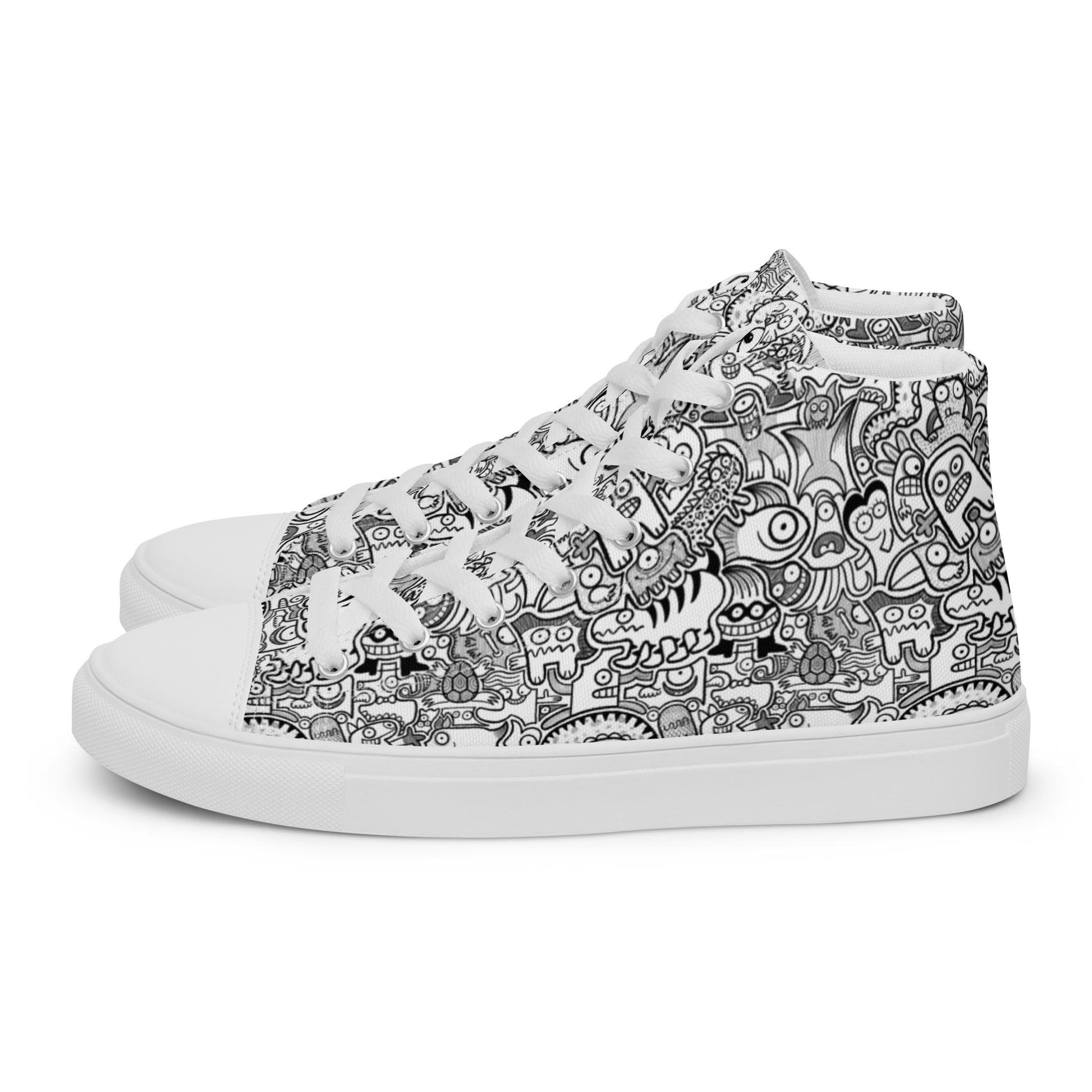 Fill your world with cool doodles Men’s high top canvas shoes. Side view
