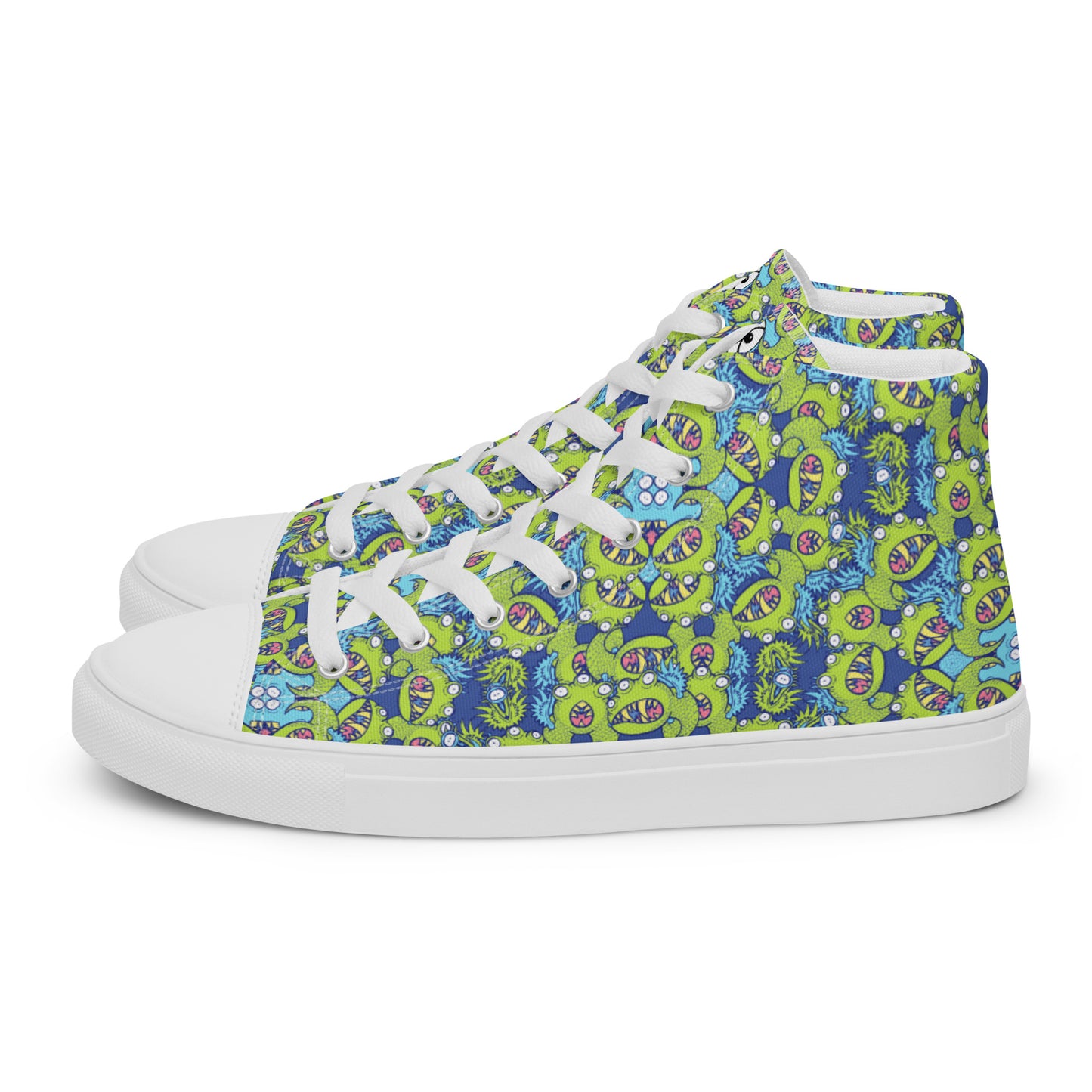 Winged little blue monster pattern art Men’s high top canvas shoes. Side view