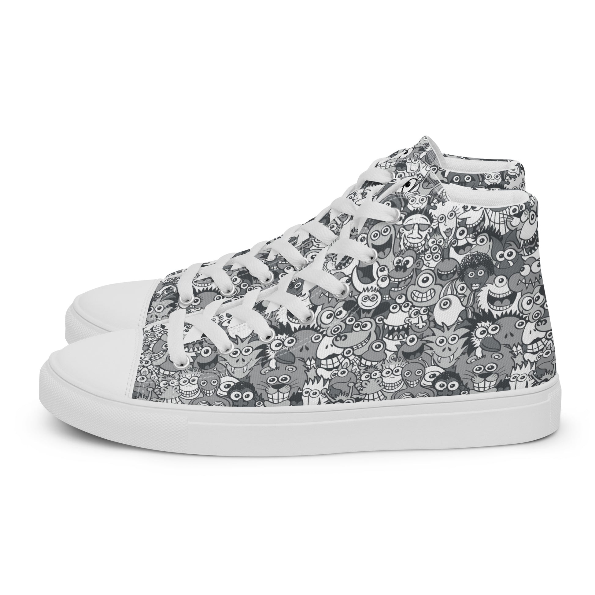 Find the gray man in the gray crowd of this gray world Men’s high top canvas shoes. Side view
