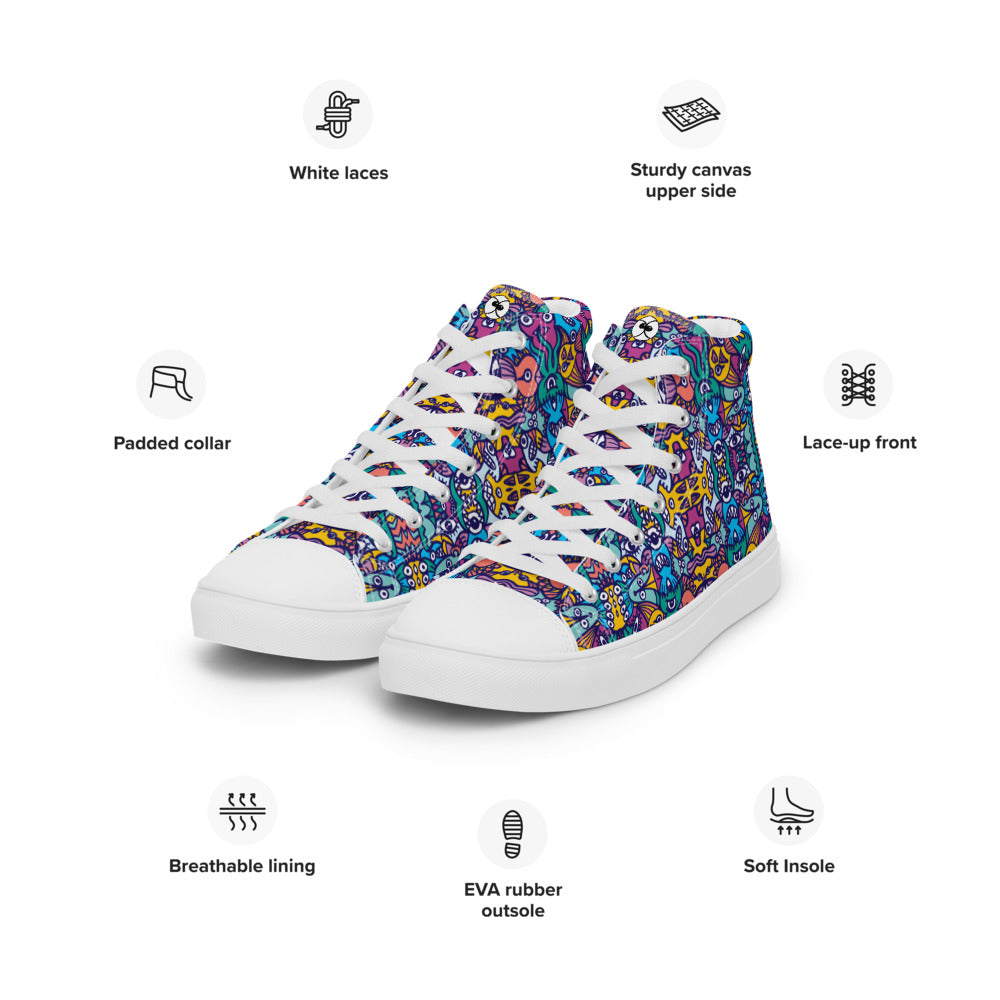 Whimsical design featuring multicolor critters from another world Men’s high top canvas shoes. Specifications