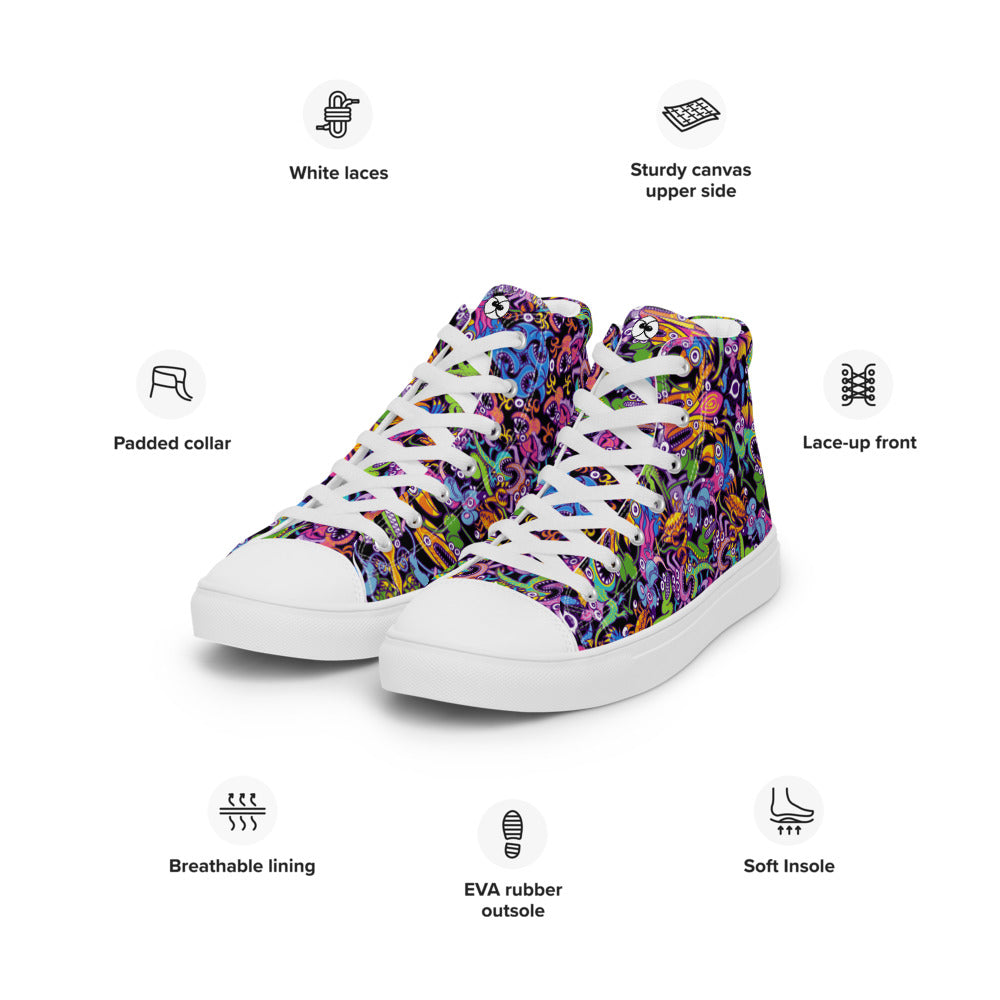 Eccentric critters in a lively crazy festival Men’s high top canvas shoes. Specifications