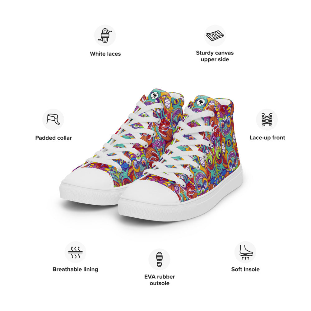 Psychedelic monsters having fun pattern design Men’s high top canvas shoes. Specifications