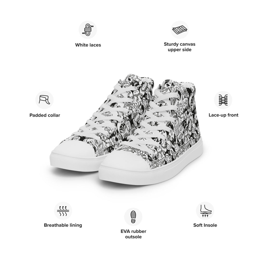 Black and white cool doodles art Men’s high top canvas shoes. Specifications