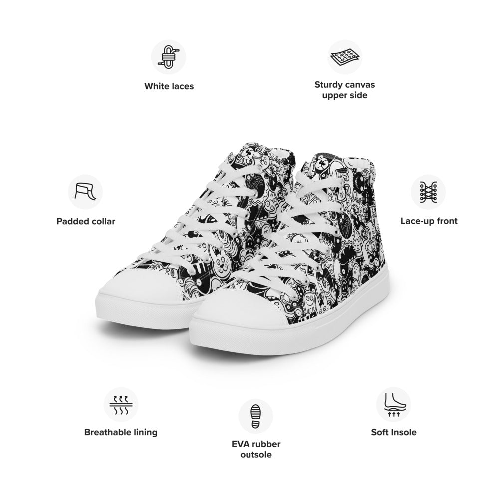 Joyful crowd of black and white doodle creatures Men’s high top canvas shoes. Specifications