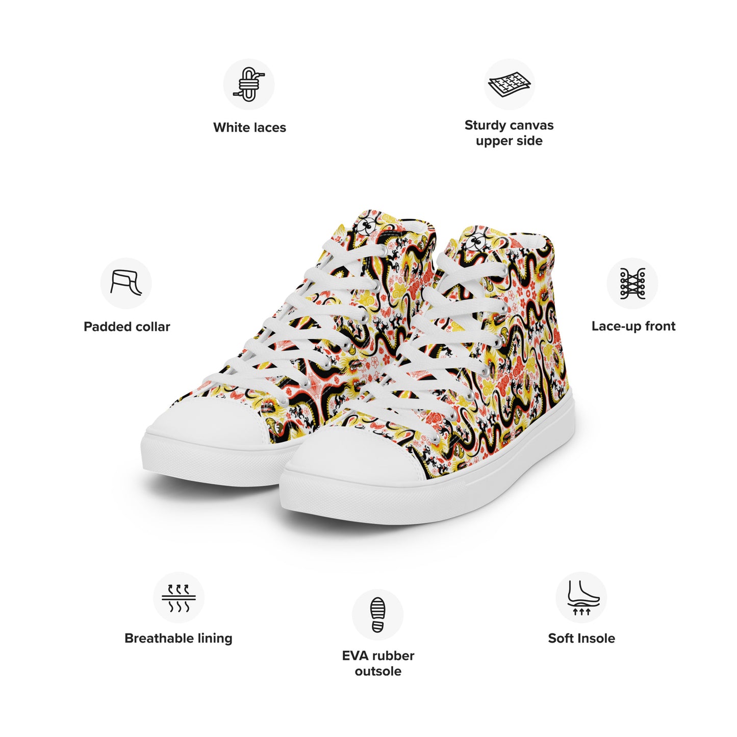 Legendary Chinese dragons pattern art Men’s high top canvas shoes. Specifications