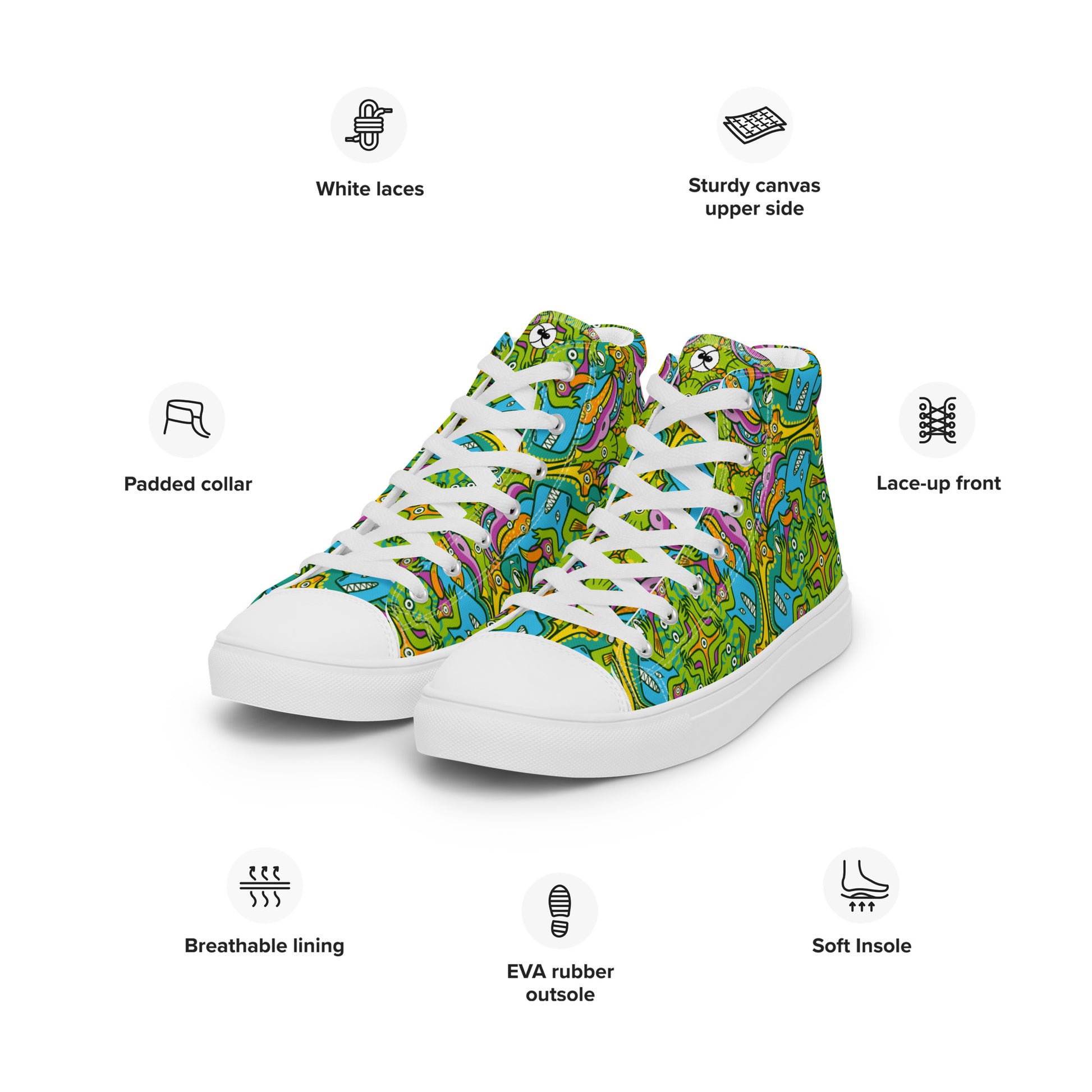 To keep calm and doodle is more than just doodling Men’s high top canvas shoes. Specifications