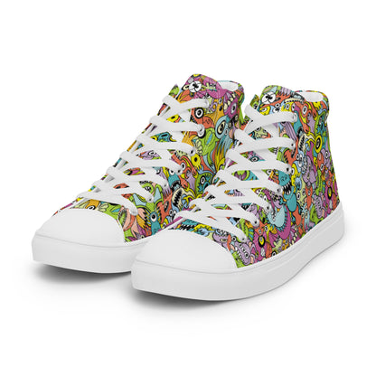 Funny monsters fighting for the best spot for a pattern design Men’s high top canvas shoes. Overview
