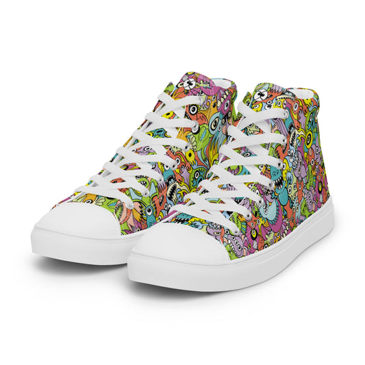 Funny monsters fighting for the best spot for a pattern design Men’s high top canvas shoes. Overview