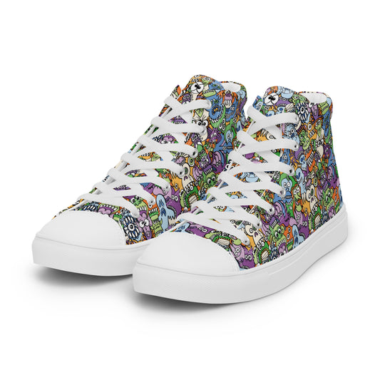 All the spooky Halloween monsters in a pattern design Men’s high top canvas shoes. Overview