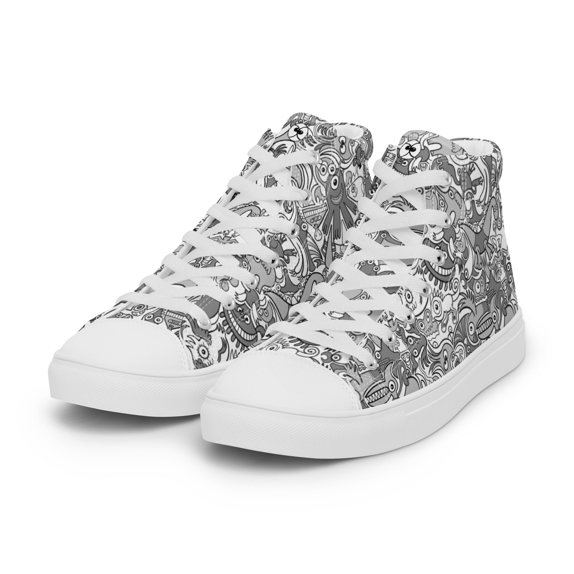 Awesome doodle creatures in a variety of tones of gray Men’s high top canvas shoes. Overview