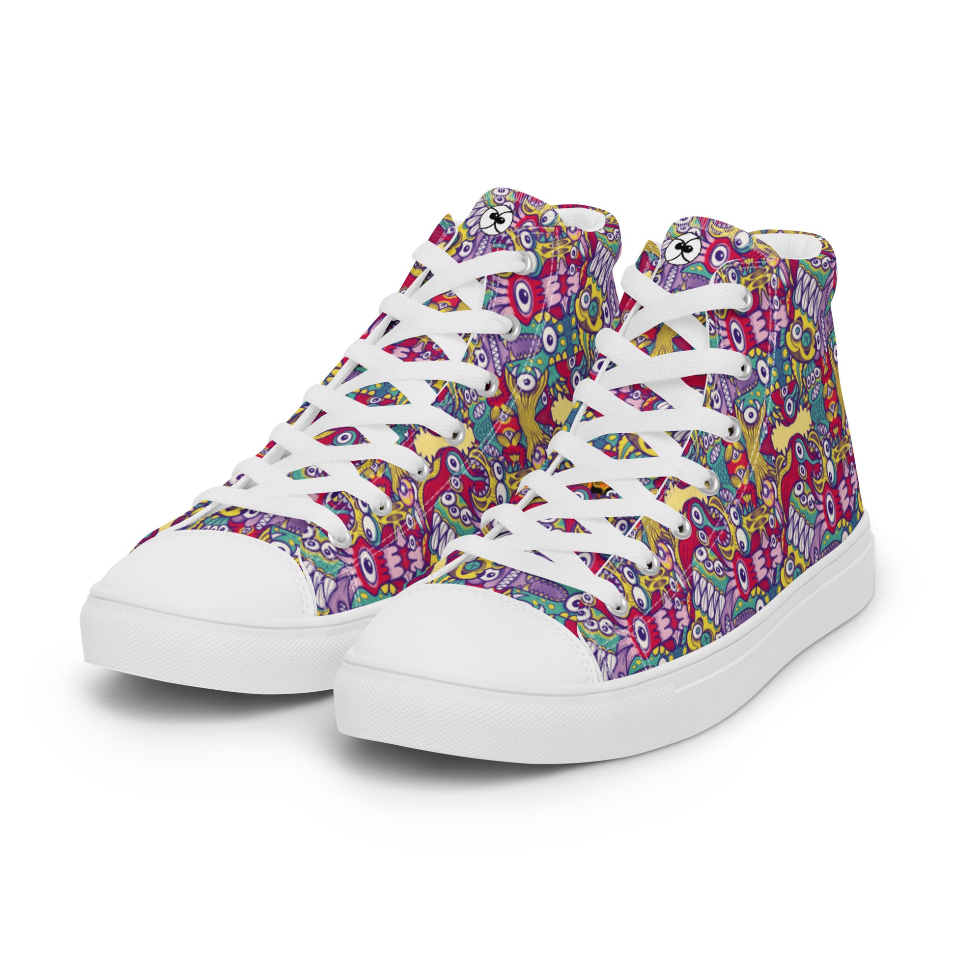 Exquisite corpse of doodles in a pattern design Men’s high top canvas shoes. Overview
