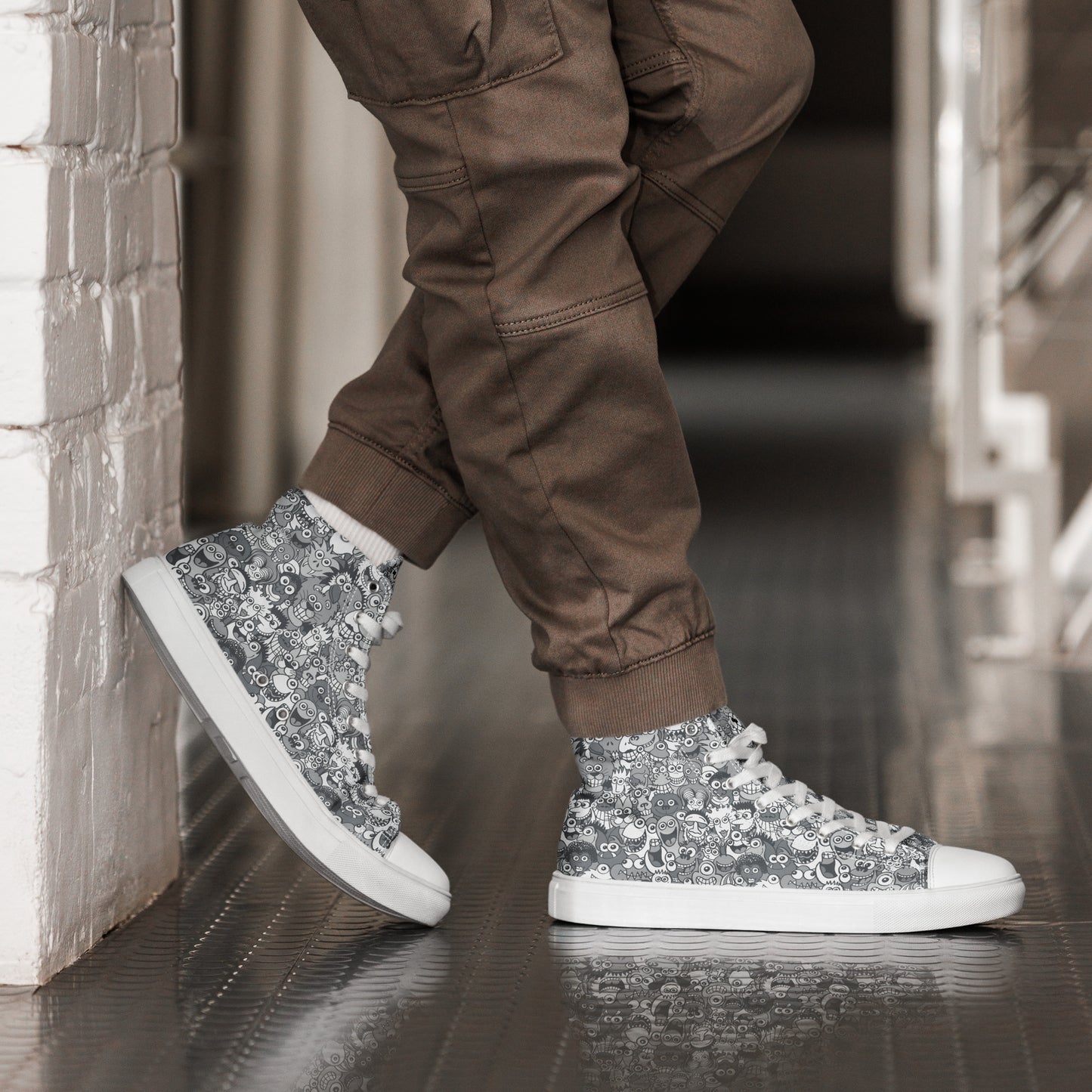 Find the gray man in the gray crowd of this gray world Men’s high top canvas shoes. Lifestyle