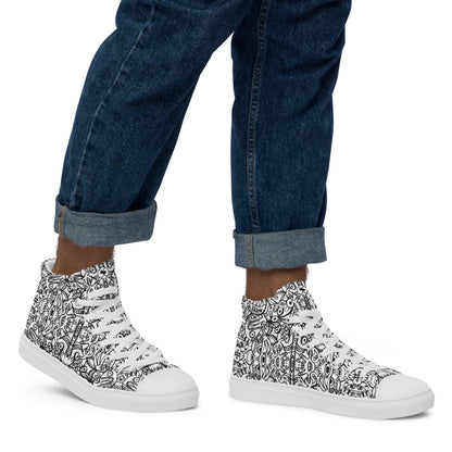 Man wearing Men’s high top canvas shoes printed with Brush style doodle critters
