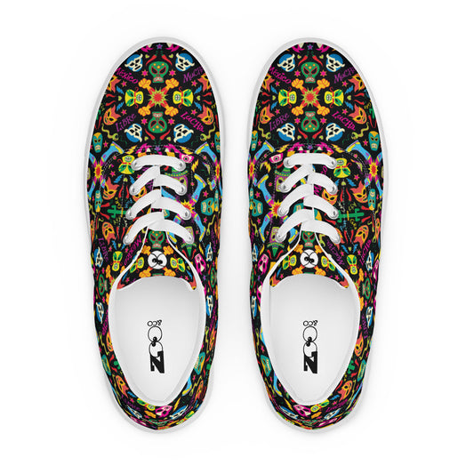 Mexican wrestling colorful party Men’s lace-up canvas shoes. Top view