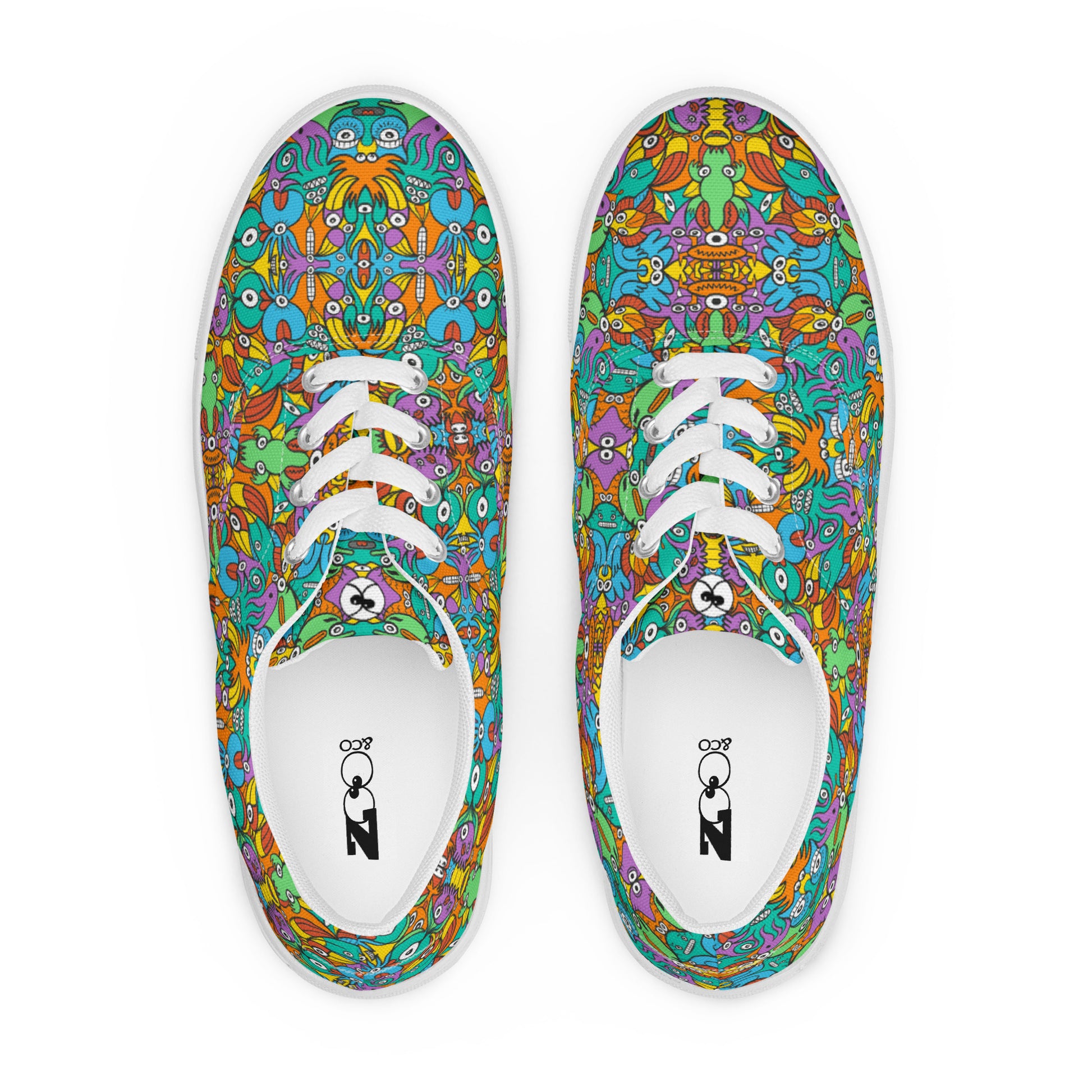 Fantastic doodle world full of weird creatures Men’s lace-up canvas shoes. Top view