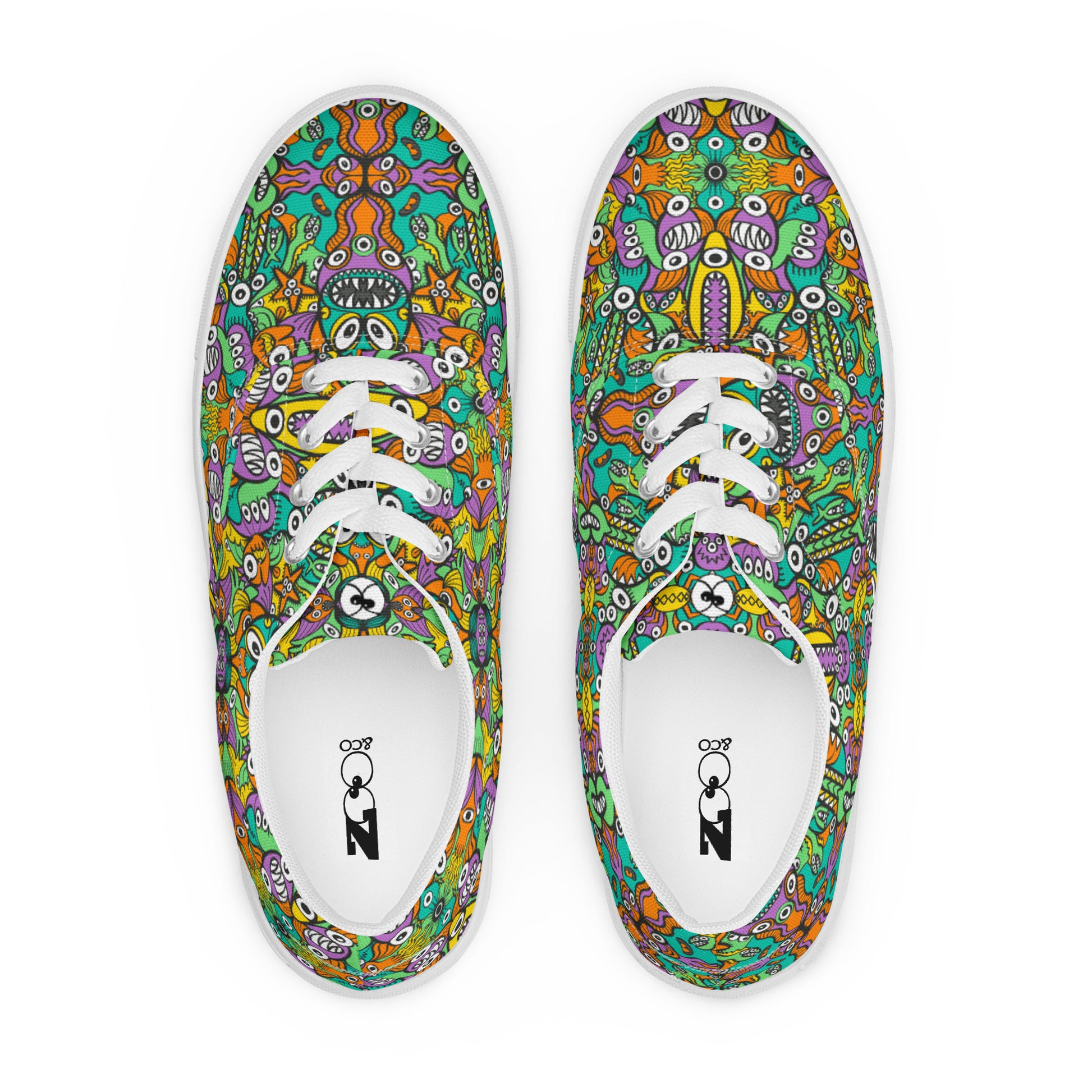 The vast ocean is full of doodle critters Men’s lace-up canvas shoes. Top view