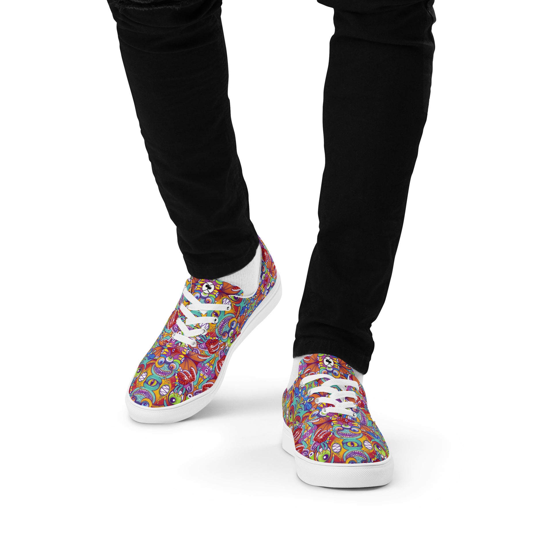 Psychedelic monsters having fun pattern design Men’s lace-up canvas shoes. Lifestyle