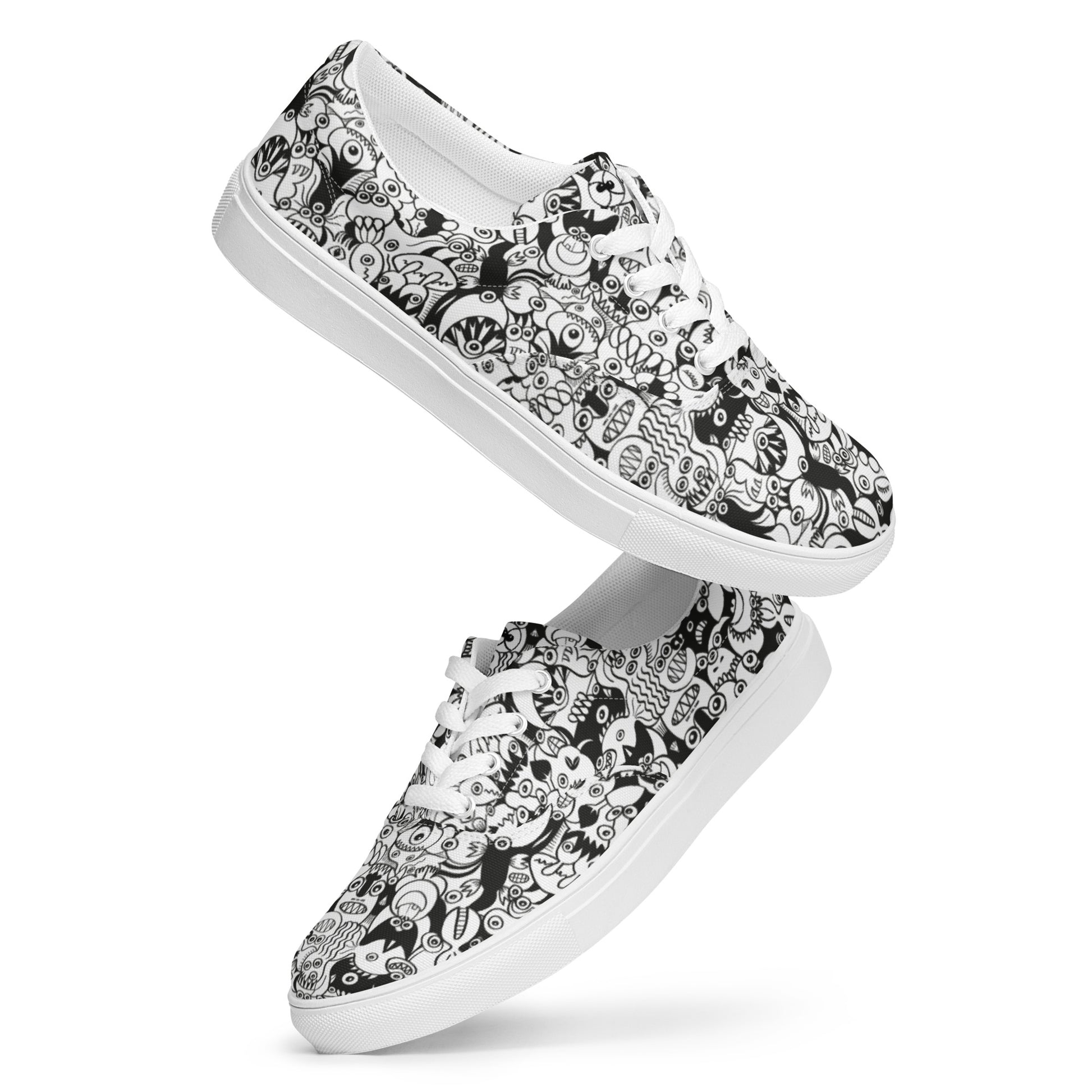 Black and white cool doodles art Men’s lace-up canvas shoes. Playing with shoes