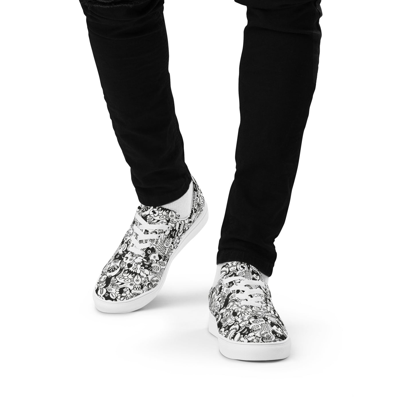 Black and white cool doodles art Men’s lace-up canvas shoes. Lifestyle