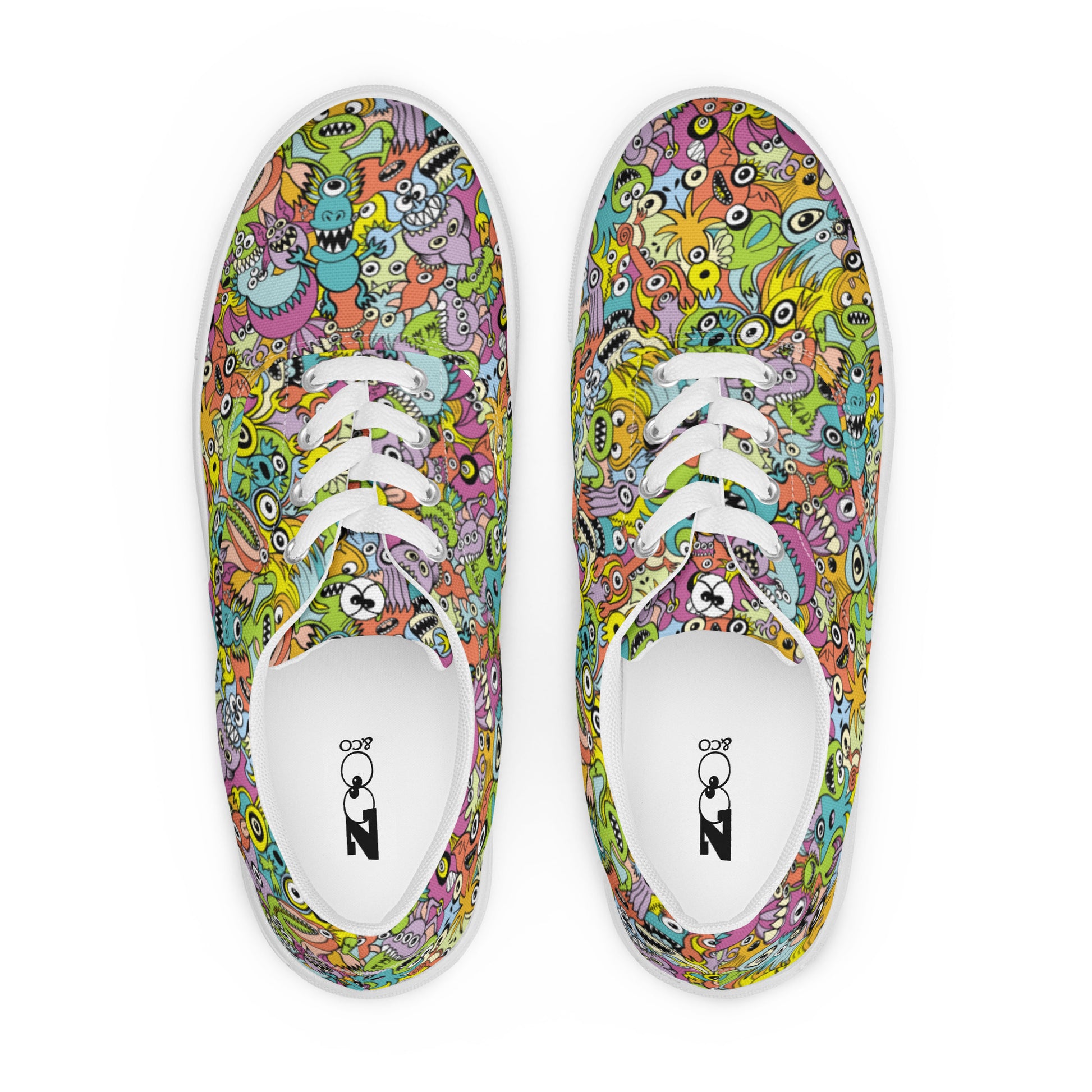 Funny monsters fighting for the best spot for a pattern design Men’s lace-up canvas shoes. Top view