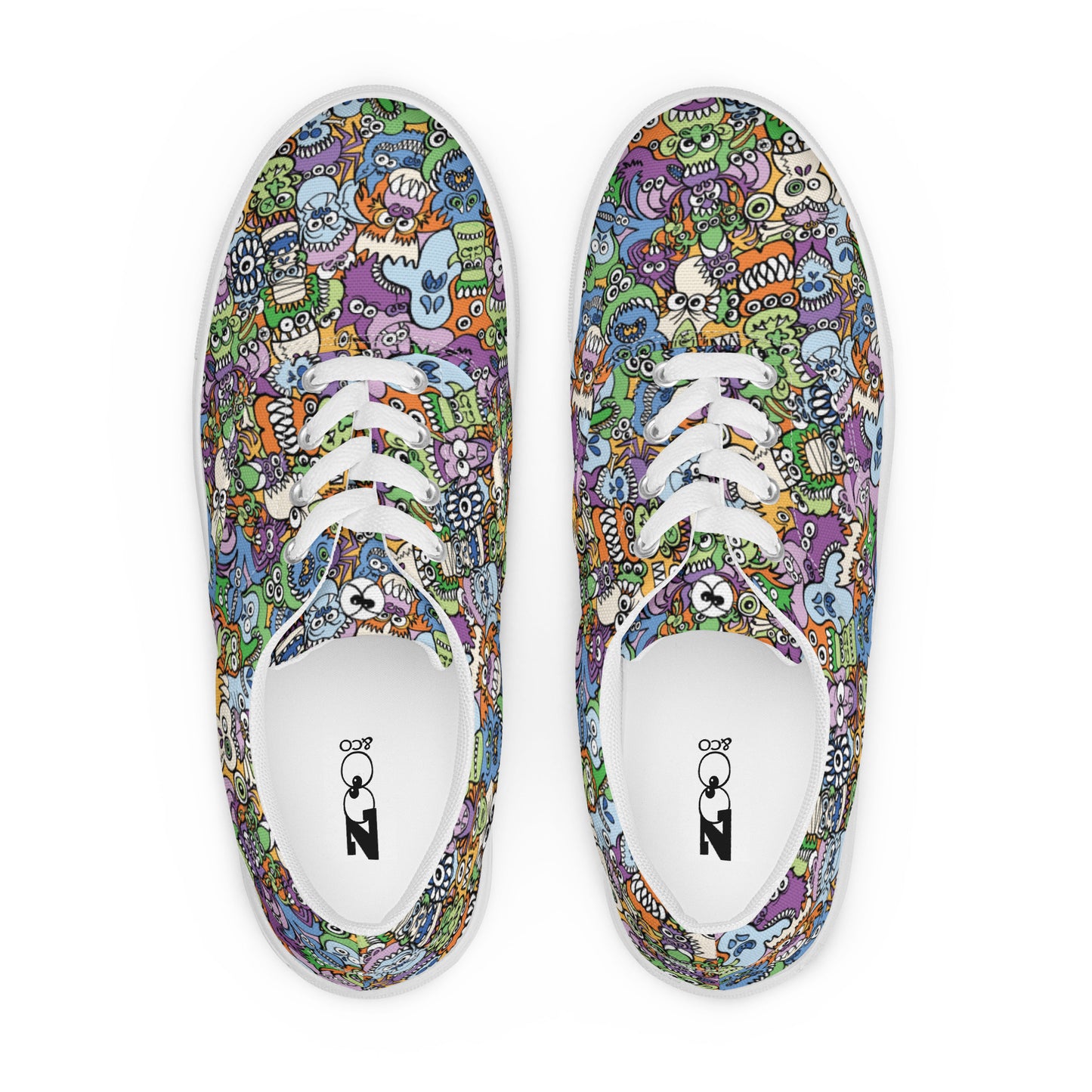 All the spooky Halloween monsters in a pattern design Men’s lace-up canvas shoes. Top view