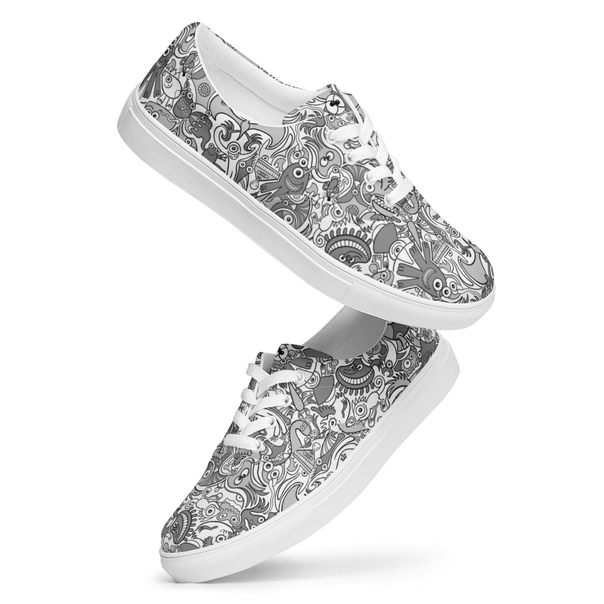 Awesome doodle creatures in a variety of tones of gray Men’s lace-up canvas shoes. Playing with shoes