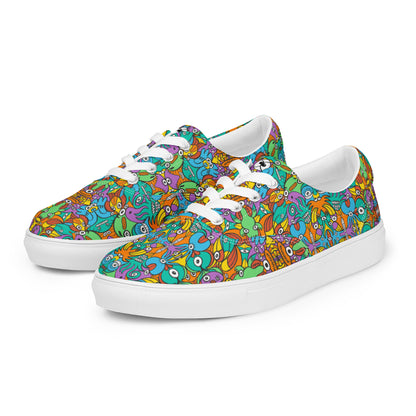 Fantastic doodle world full of weird creatures Men’s lace-up canvas shoes. Overview