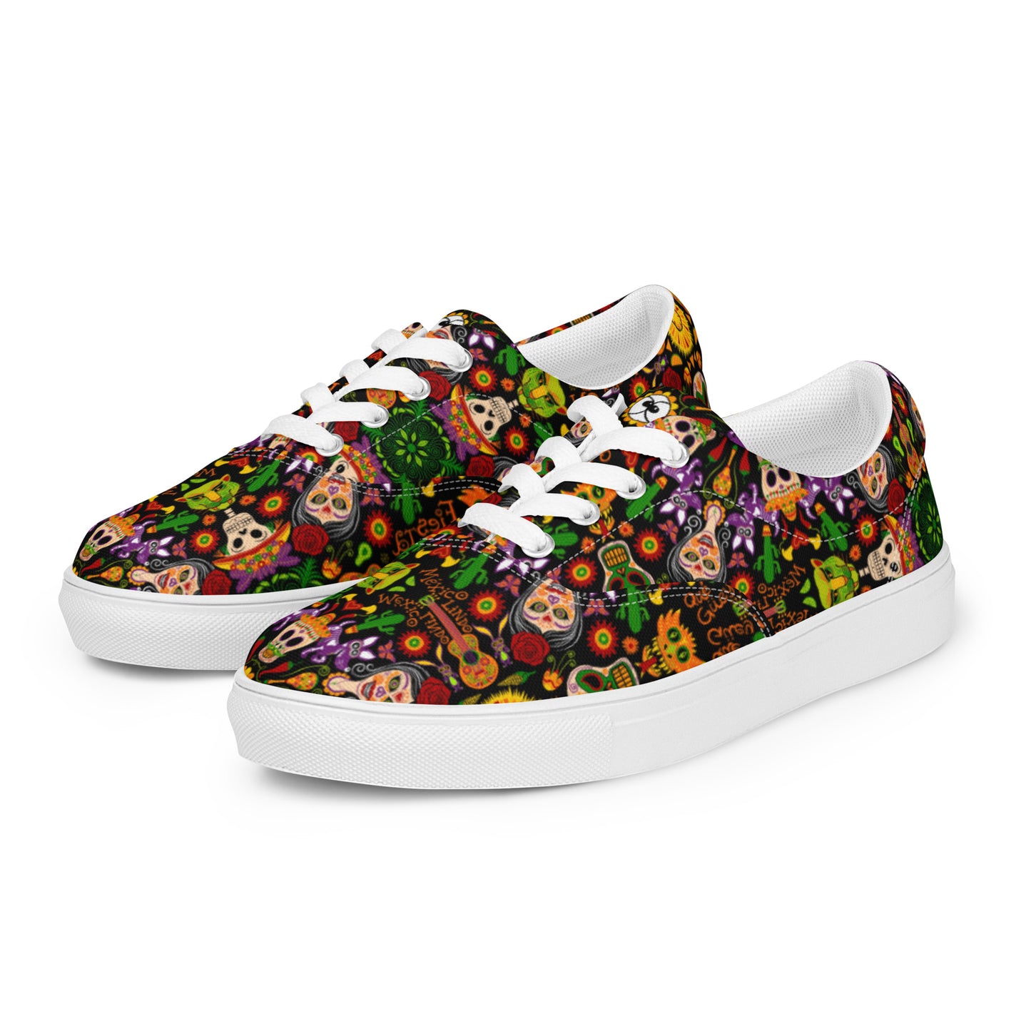 Mexican skulls celebrating the Day of the dead Men’s lace-up canvas shoes. Overview