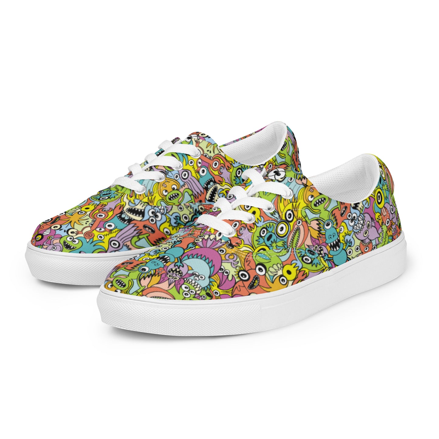 Funny monsters fighting for the best spot for a pattern design Men’s lace-up canvas shoes. Overview