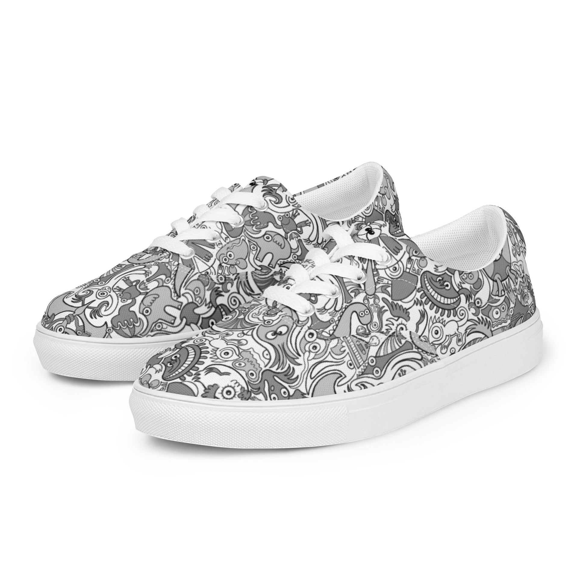 Awesome doodle creatures in a variety of tones of gray Men’s lace-up canvas shoes. Overview
