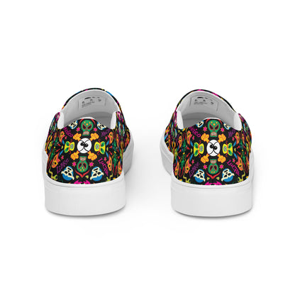 Mexican wrestling colorful party Men’s slip-on canvas shoes. Back view