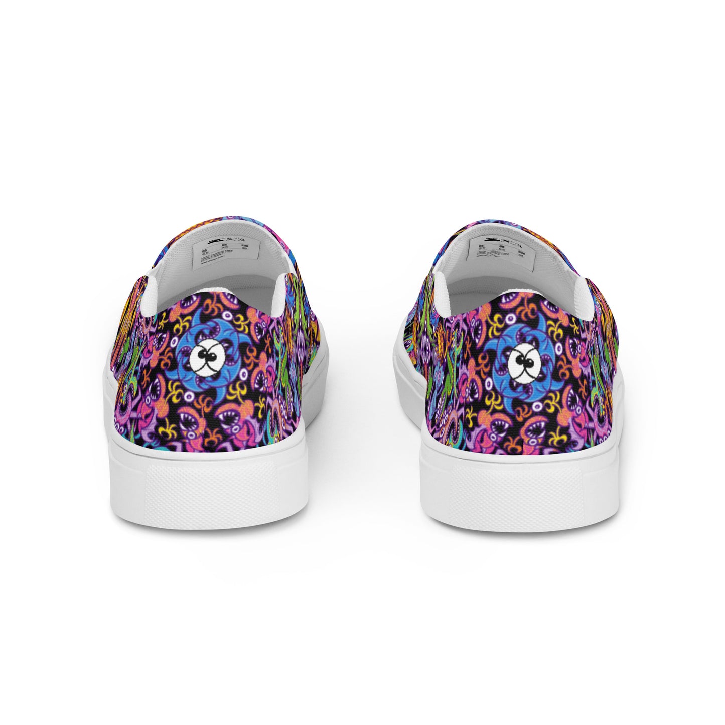 Eccentric critters in a lively crazy festival Men’s slip-on canvas shoes. Back view