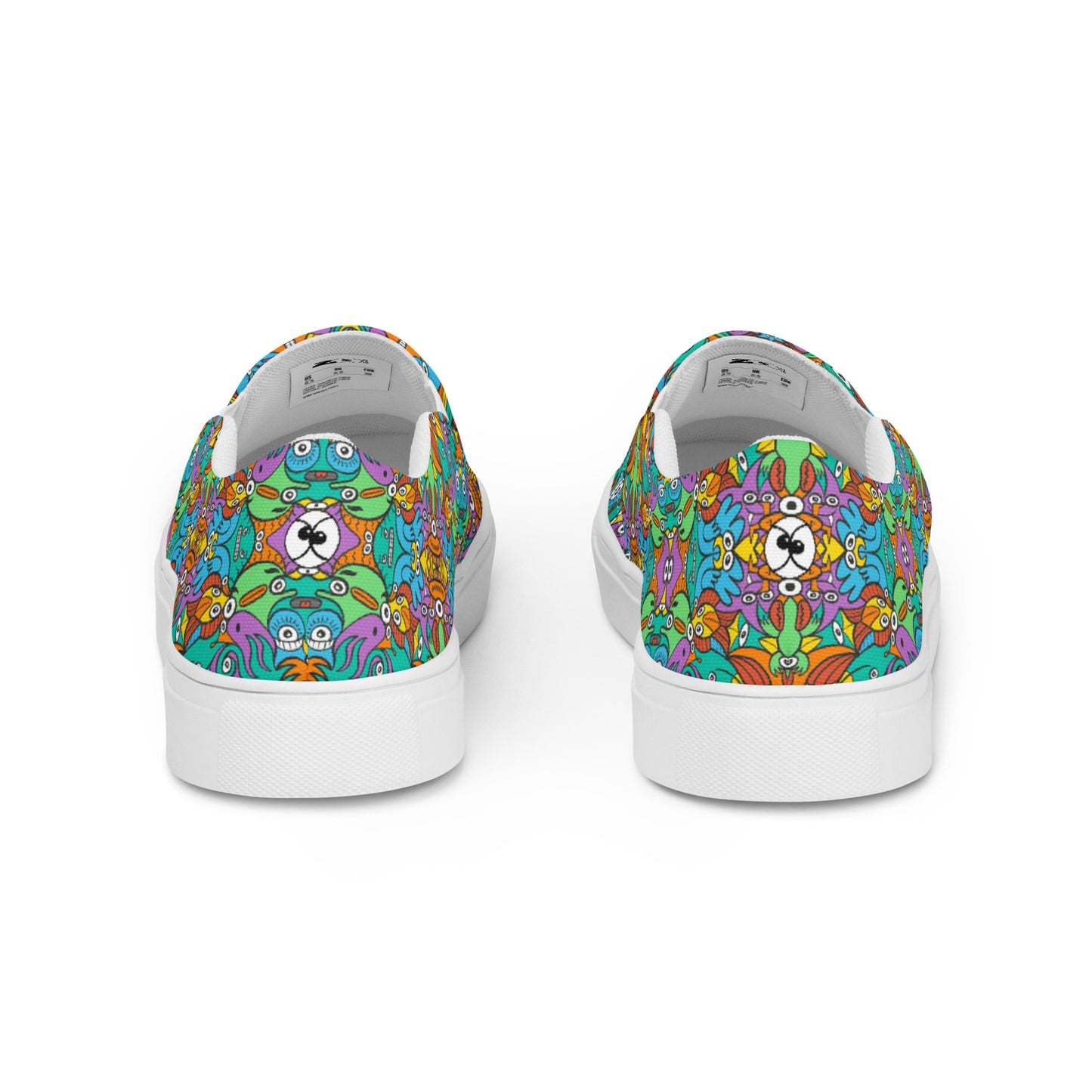 Fantastic doodle world full of weird creatures Men’s slip-on canvas shoes. Back view