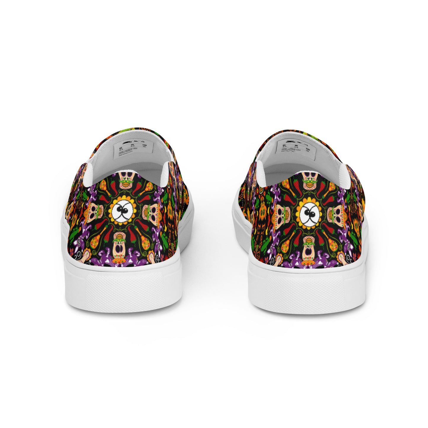 Mexican skulls celebrating the Day of the dead Men’s slip-on canvas shoes. Back view