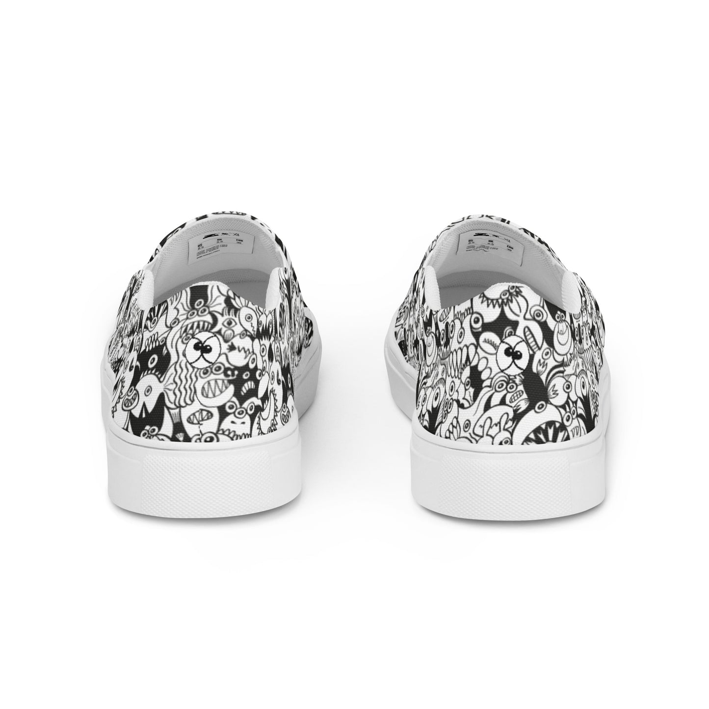 Black and white cool doodles art Men’s slip-on canvas shoes. Back view