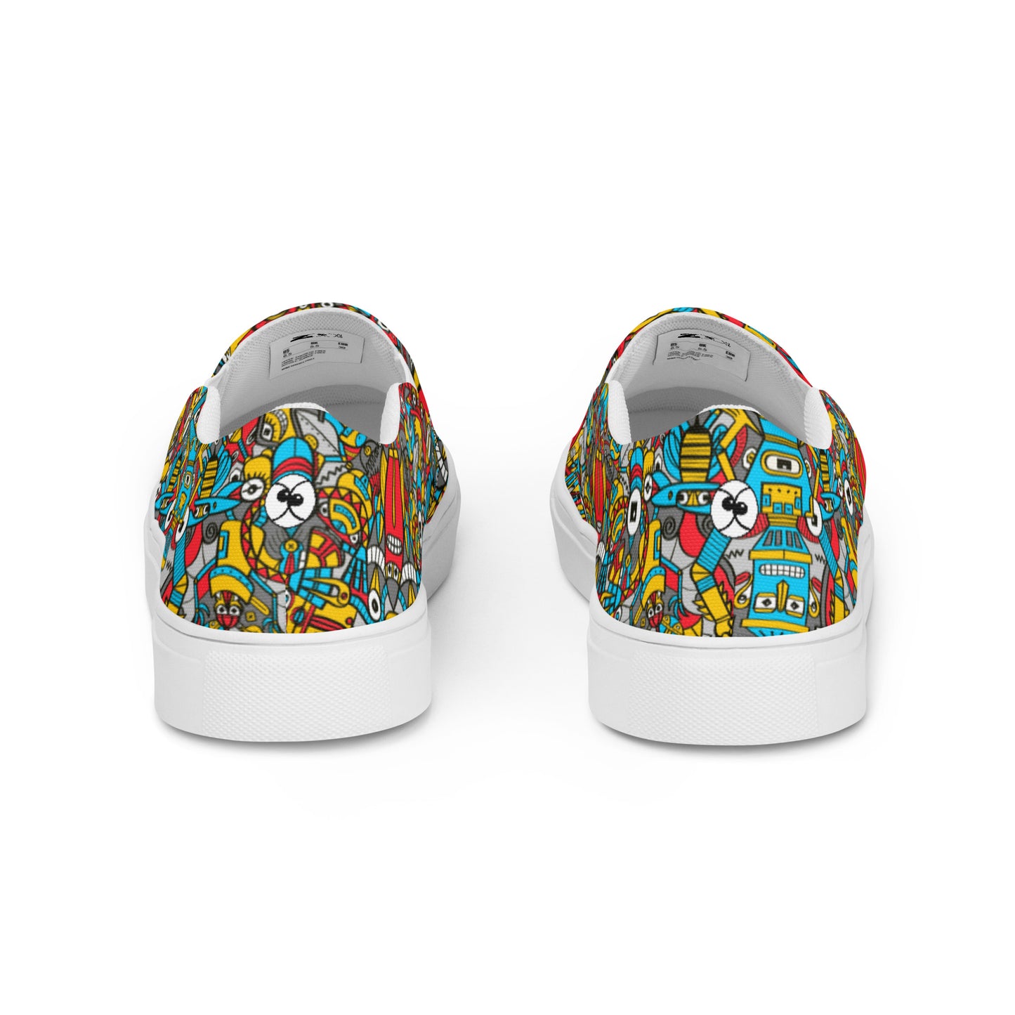 Crazy robots rising from rust in lively junkyards Men’s slip-on canvas shoes. Back view