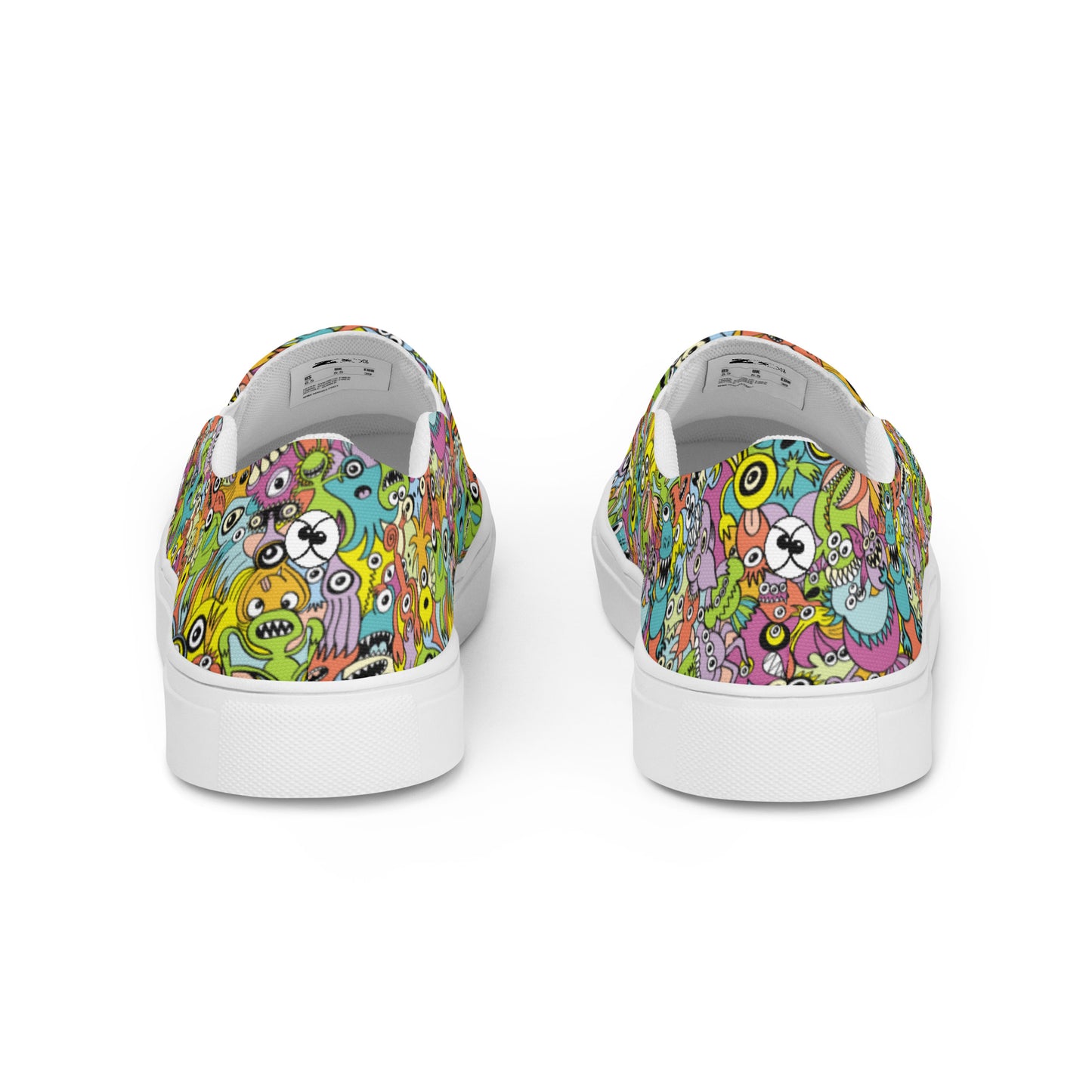 Funny monsters fighting for the best spot for a pattern design Men’s slip-on canvas shoes. Back view