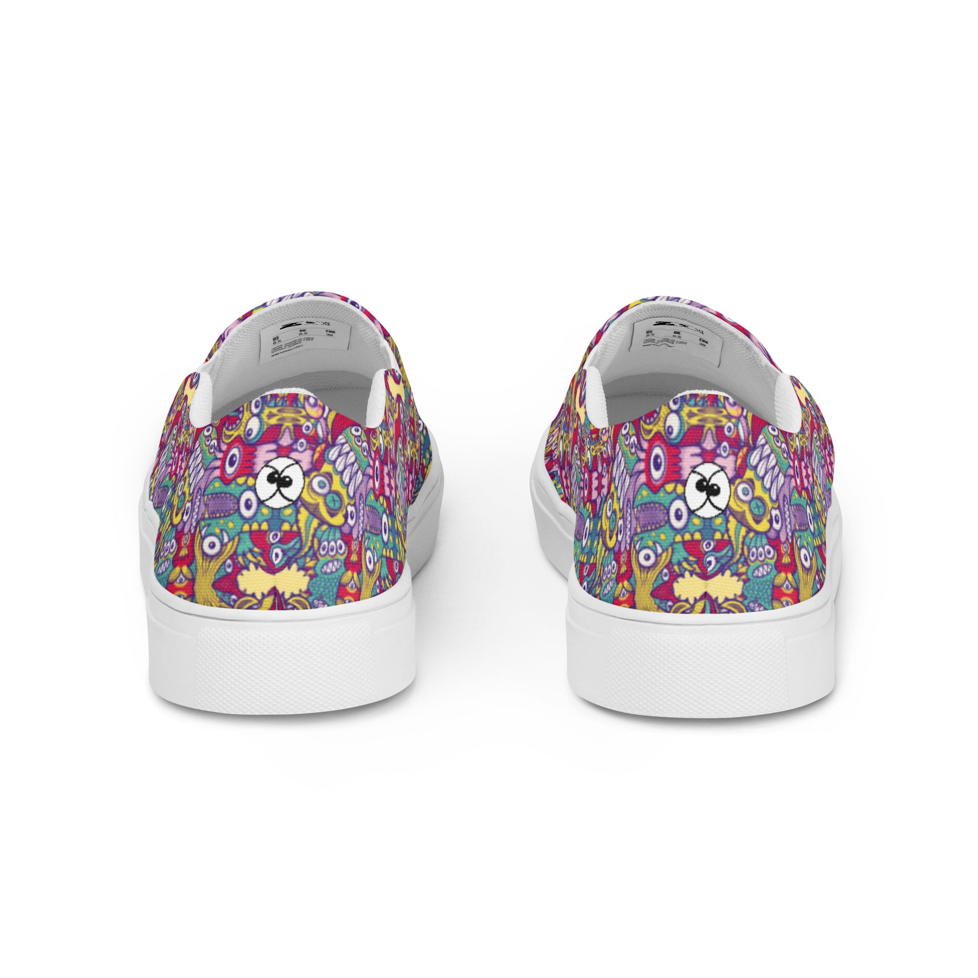 Exquisite corpse doodles in a pattern design Men’s slip-on canvas shoes. Back view
