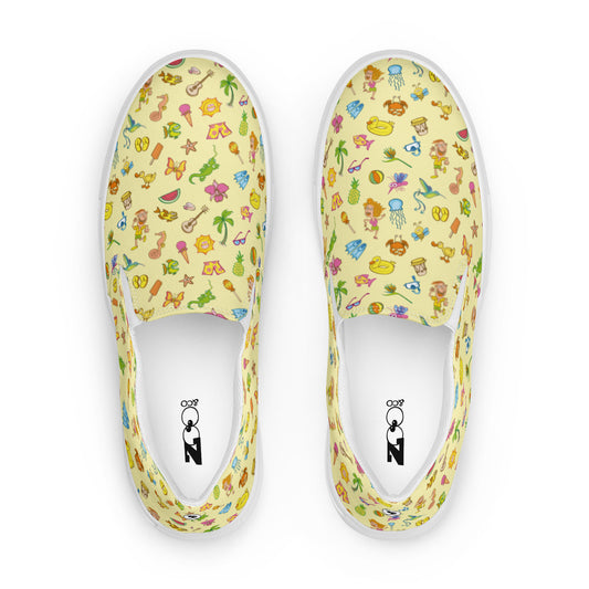 Enjoy happy summer pattern design Men’s slip-on canvas shoes. Top view