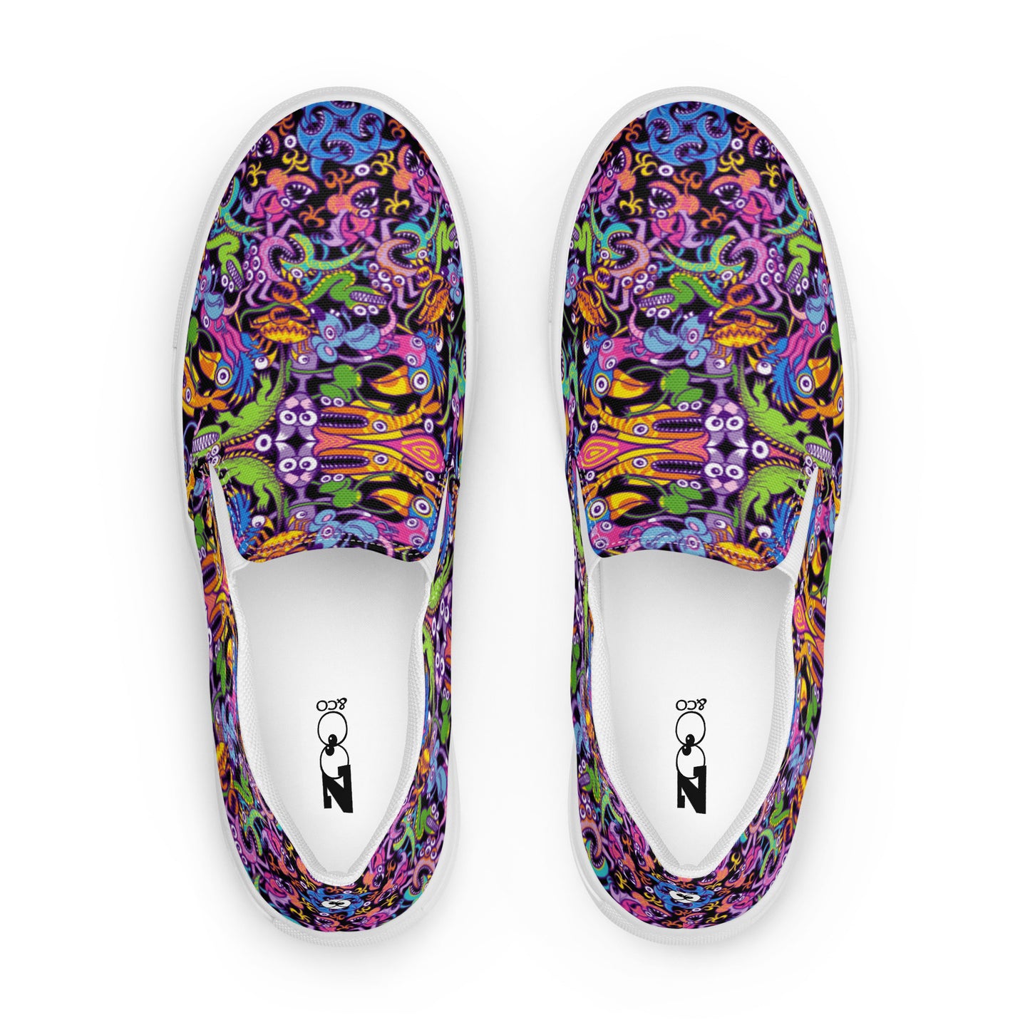 Eccentric critters in a lively crazy festival Men’s slip-on canvas shoes. Top view