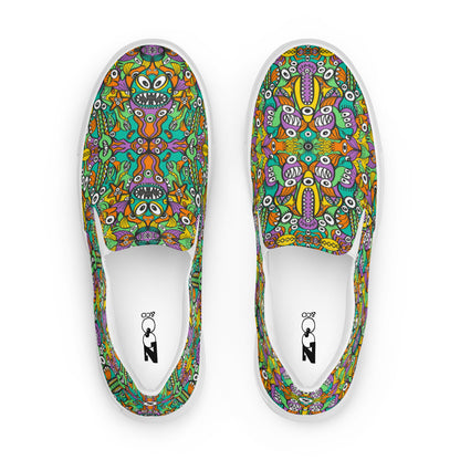 The vast ocean is full of doodle critters Men’s slip-on canvas shoes. Top view