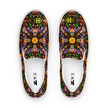 Mexican skulls celebrating the Day of the dead Men’s slip-on canvas shoes. Top view